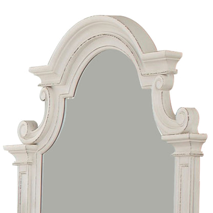 Benzara White Scalloped Design Wooden Frame Mirror With Distressed Detail