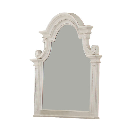 Benzara White Scalloped Design Wooden Frame Mirror With Distressed Detail