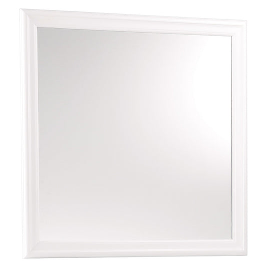 Benzara White Transitional Square Mirror With Wooden Encasing and Convex Edges