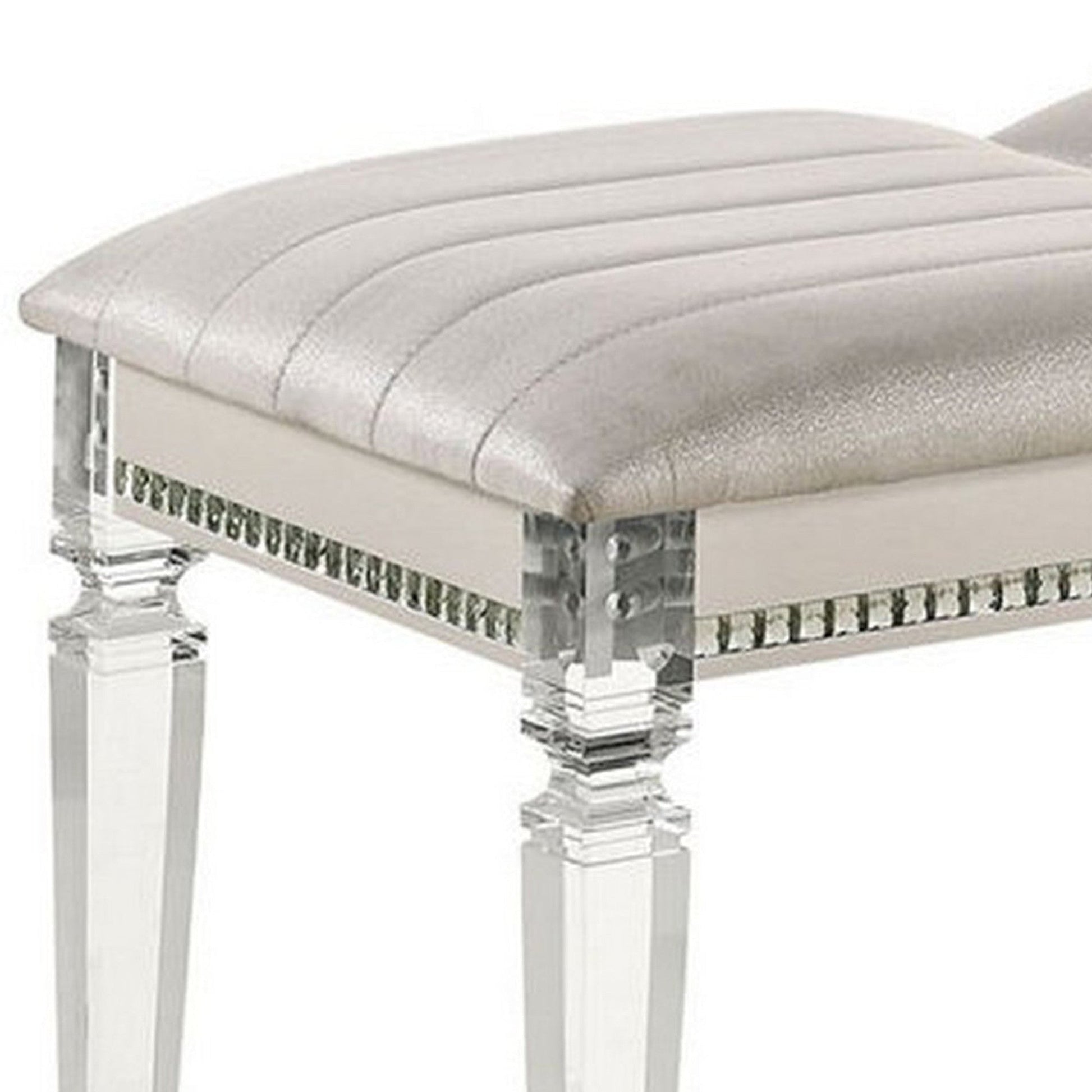 Benzara White Tufted Leatherette Seater Wooden Bench With Mirror Accents