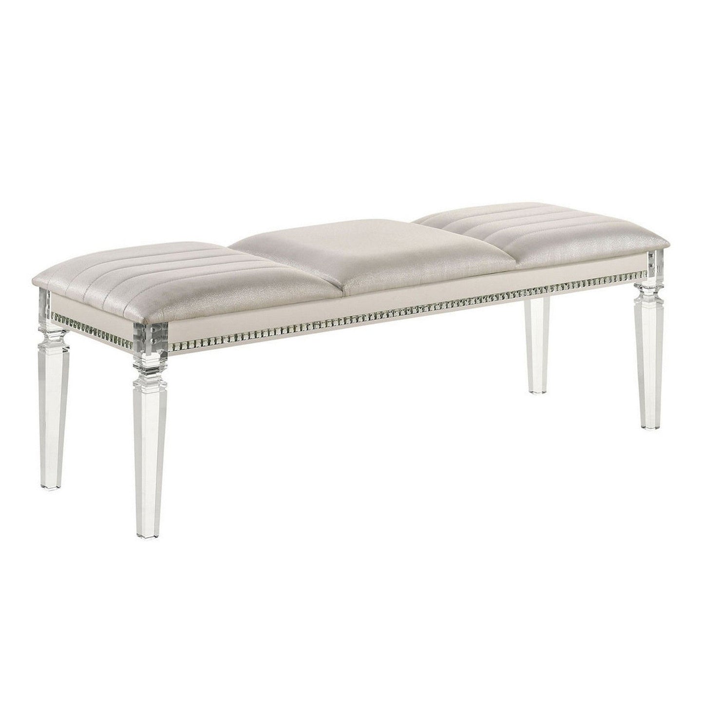 Benzara White Tufted Leatherette Seater Wooden Bench With Mirror Accents