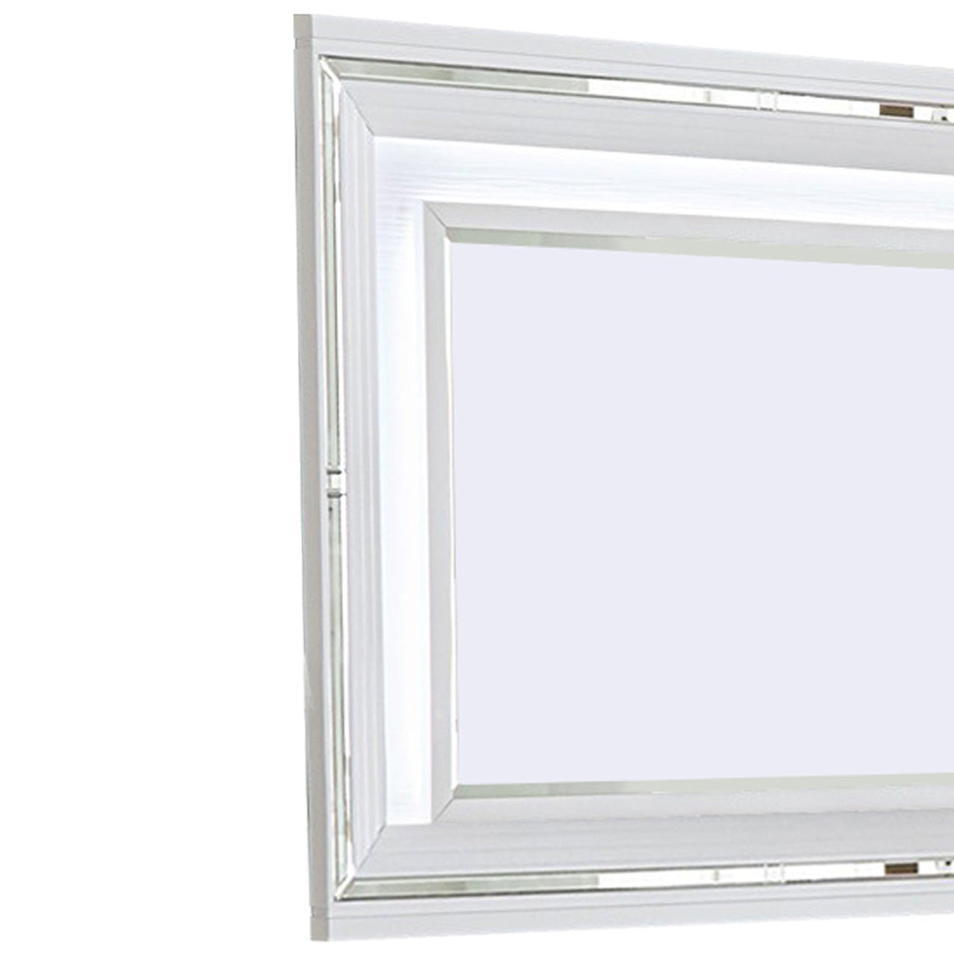 Benzara White Wooden Frame Mirror With LED and Mirror Trim Accents