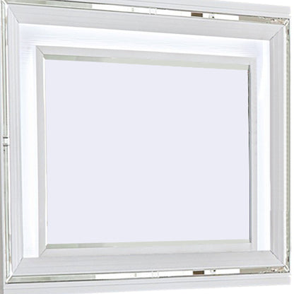 Benzara White Wooden Frame Mirror With LED and Mirror Trim Accents