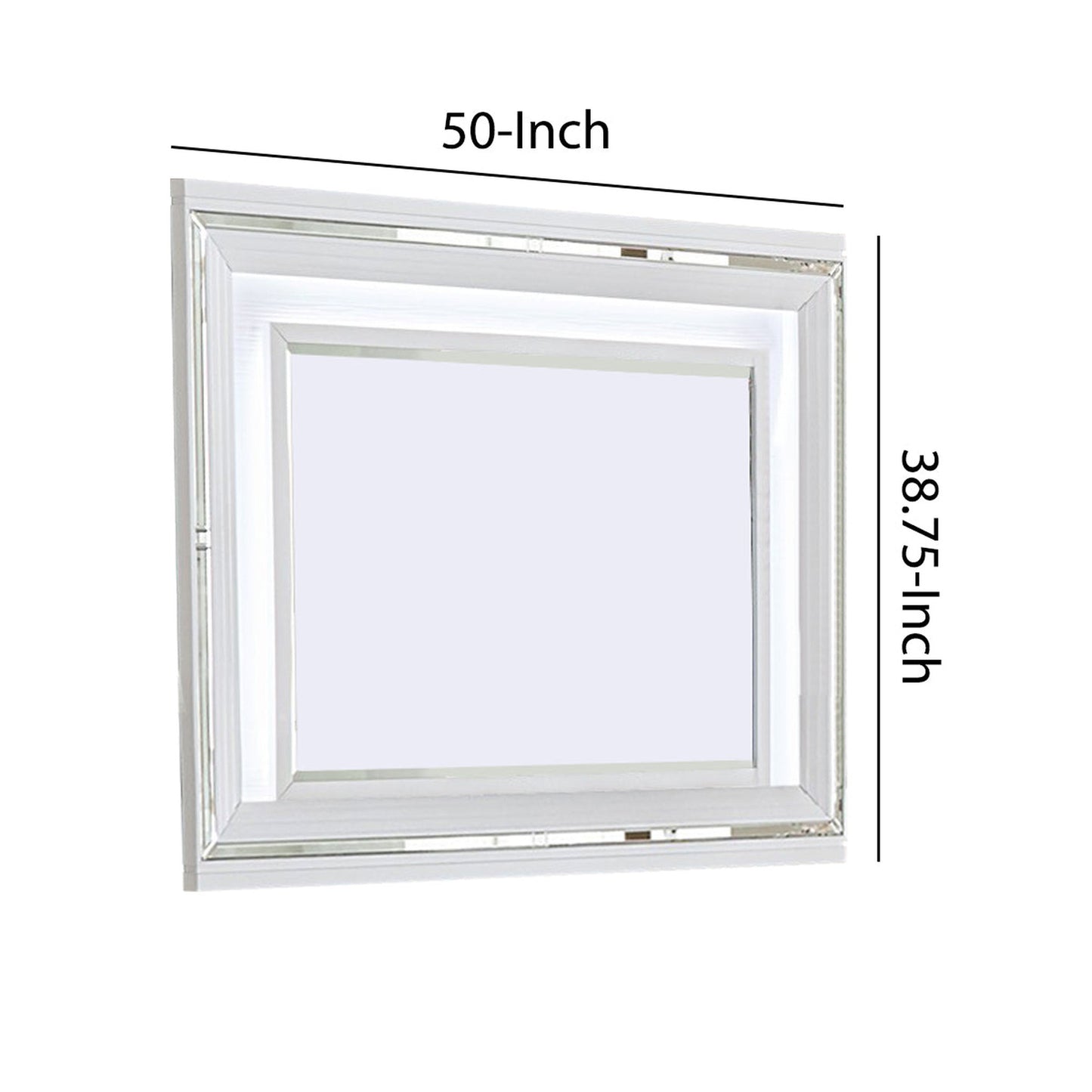 Benzara White Wooden Frame Mirror With LED and Mirror Trim Accents