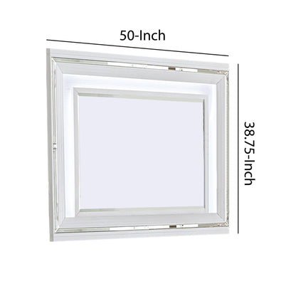 Benzara White Wooden Frame Mirror With LED and Mirror Trim Accents