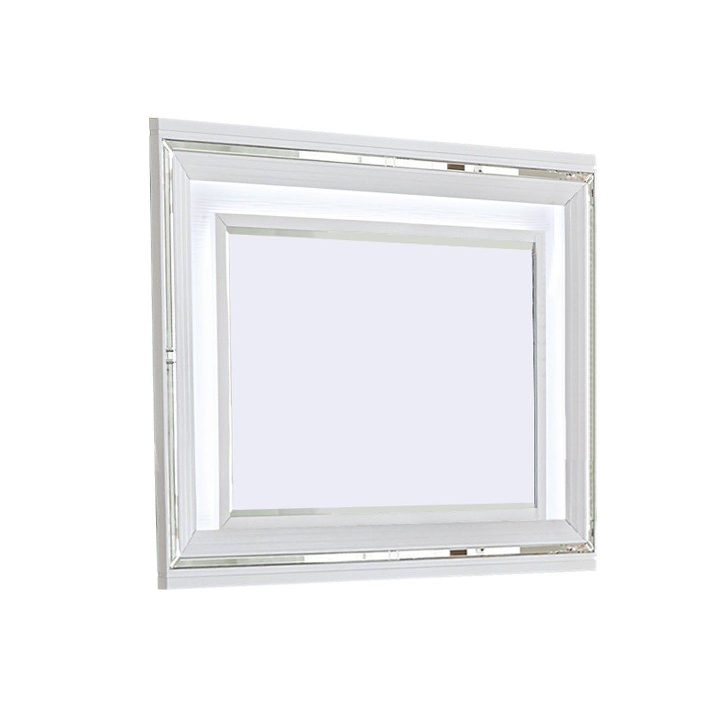 Benzara White Wooden Frame Mirror With LED and Mirror Trim Accents