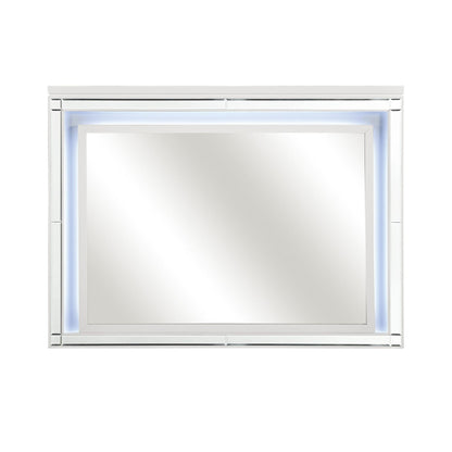 Benzara White and Silver Contemporary Style Beveled Edge Mirror With LED Light