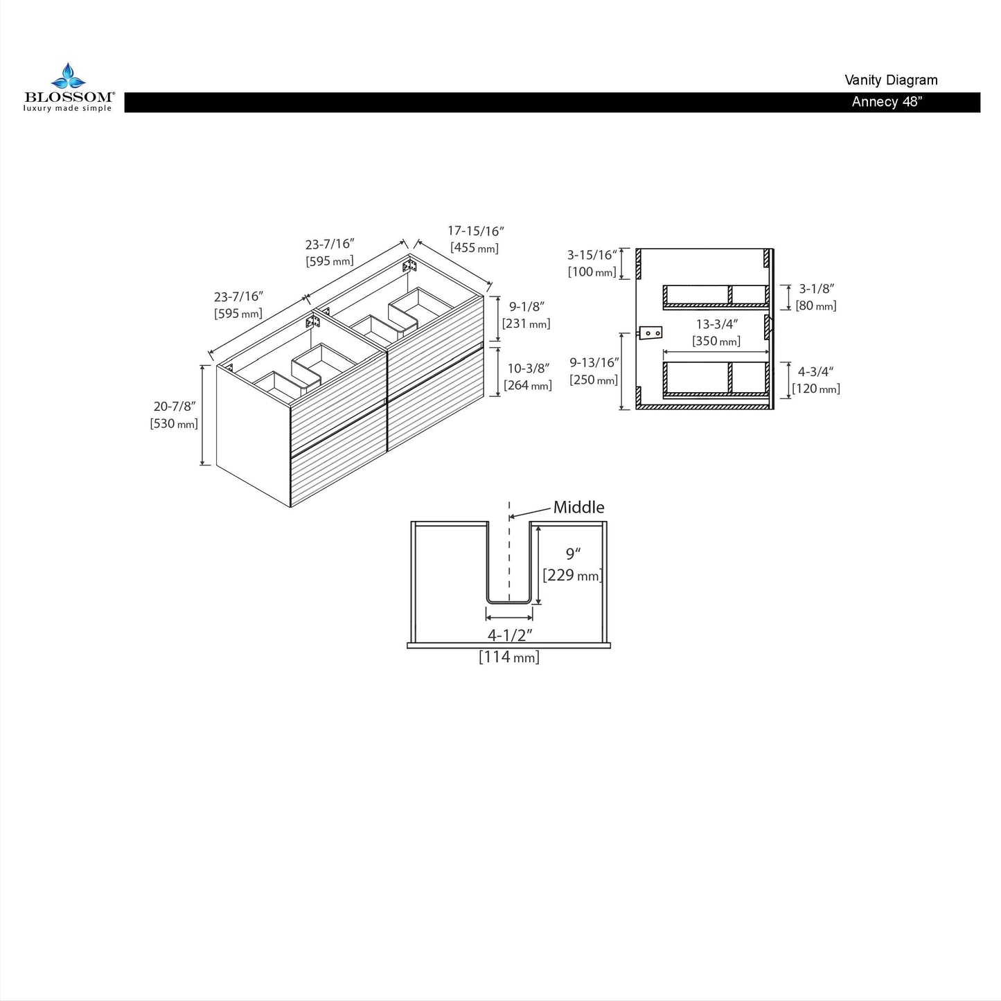 Blossom Annecy 48" Dark Walnut Strip Double Sink Vanity Base