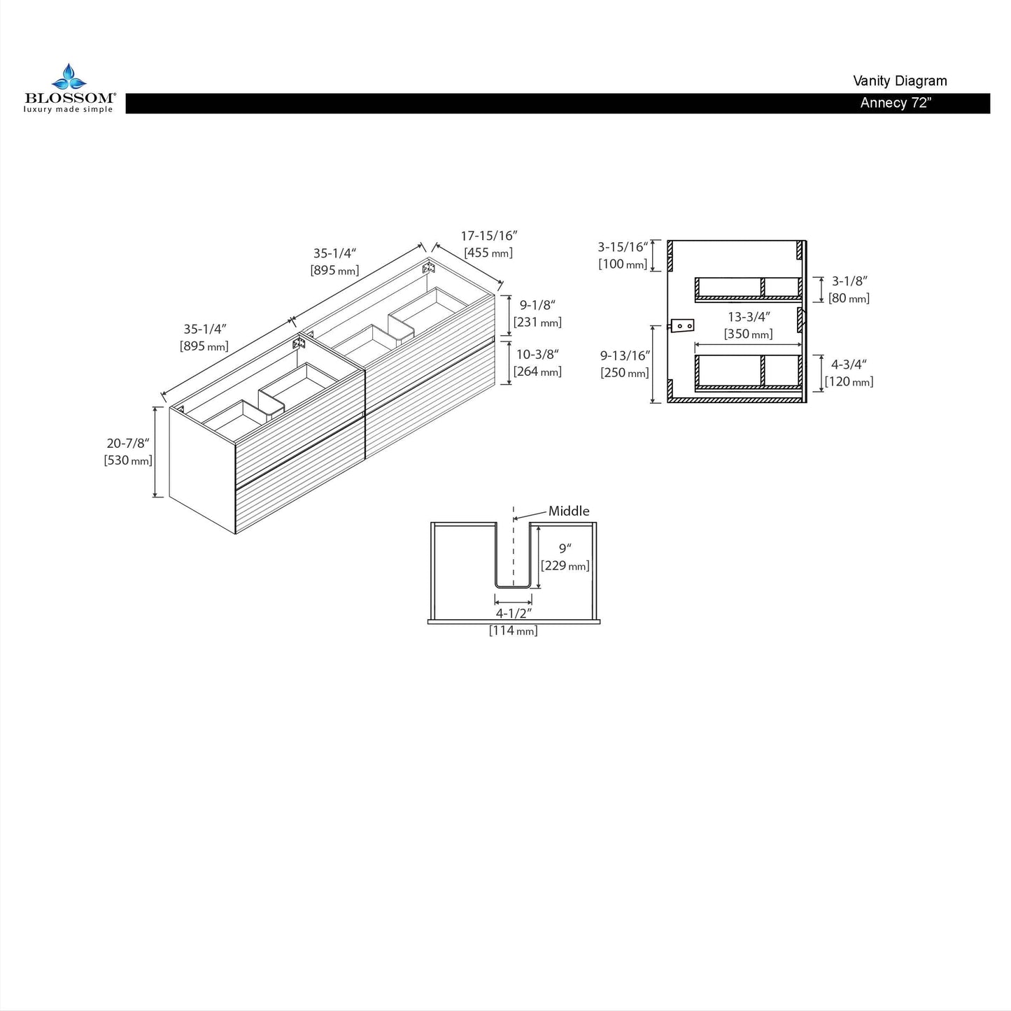 Blossom Annecy 72" Dark Walnut Strip Double Sink Vanity Base