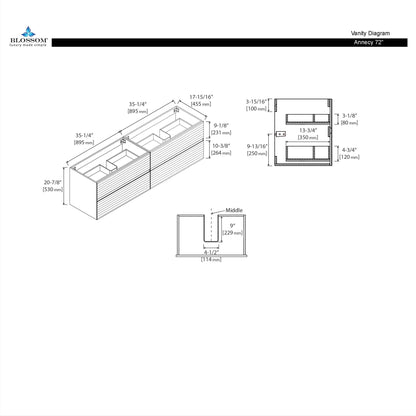 Blossom Annecy 72" Dark Walnut Strip Double Sink Vanity Base