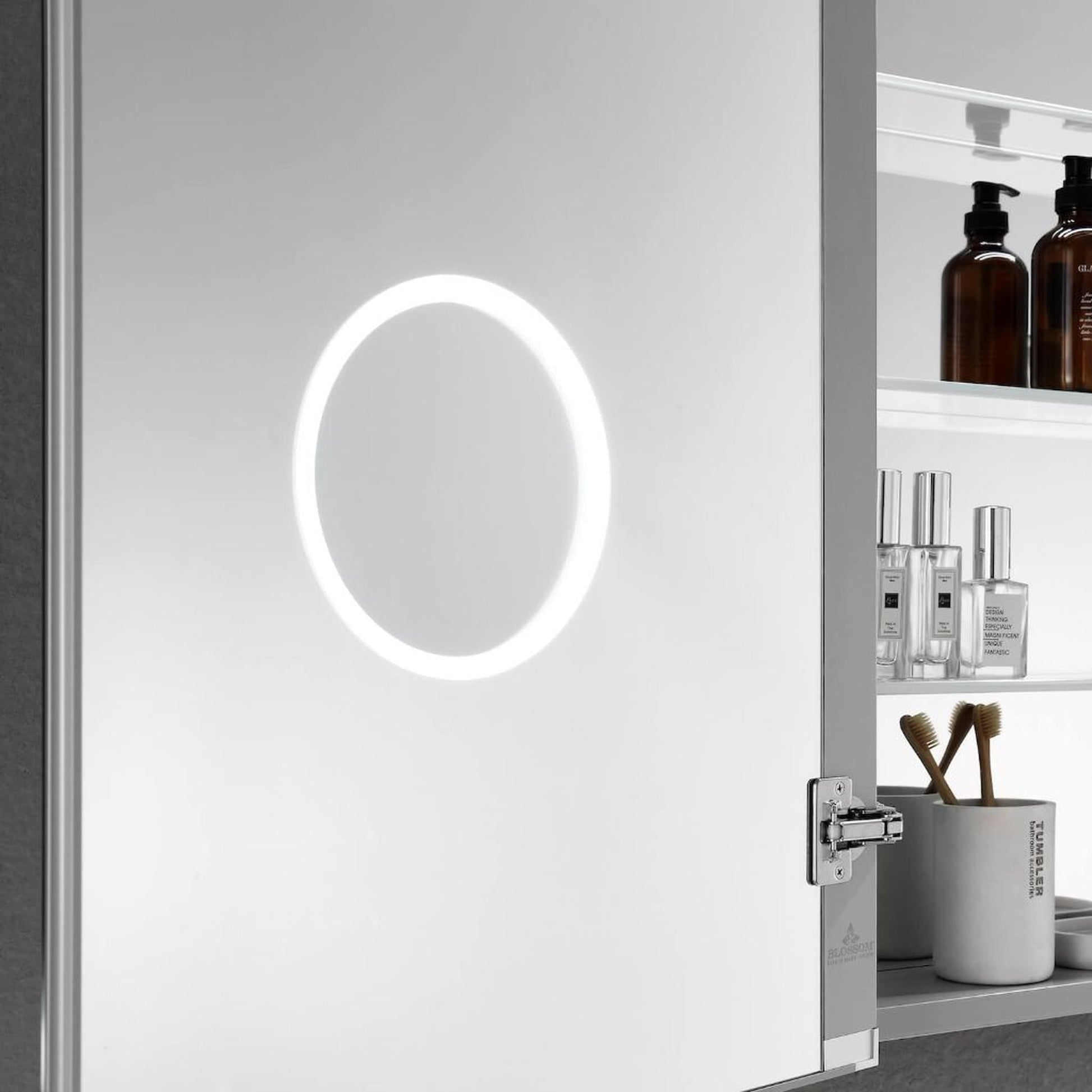 Blossom Asta 24" Recessed or Surface Mount Left and Right-Hinged Door LED Mirror Medicine Cabinet Set Of 2 With Adjustable Glass Shelves, Built-In Defogger, Dimmer, Digital Clock, Temp Display, USB & Electrical Outlet