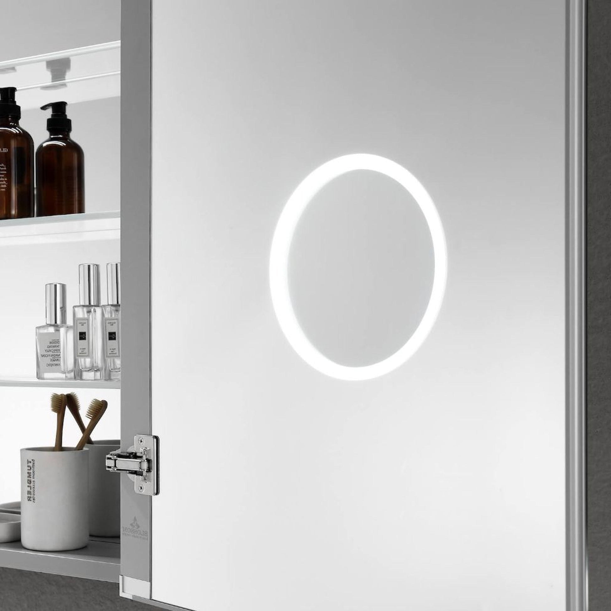 Blossom Asta 24" Recessed or Surface Mount Left and Right-Hinged Door LED Mirror Medicine Cabinet Set Of 2 With Adjustable Glass Shelves, Built-In Defogger, Dimmer, Digital Clock, Temp Display, USB & Electrical Outlet