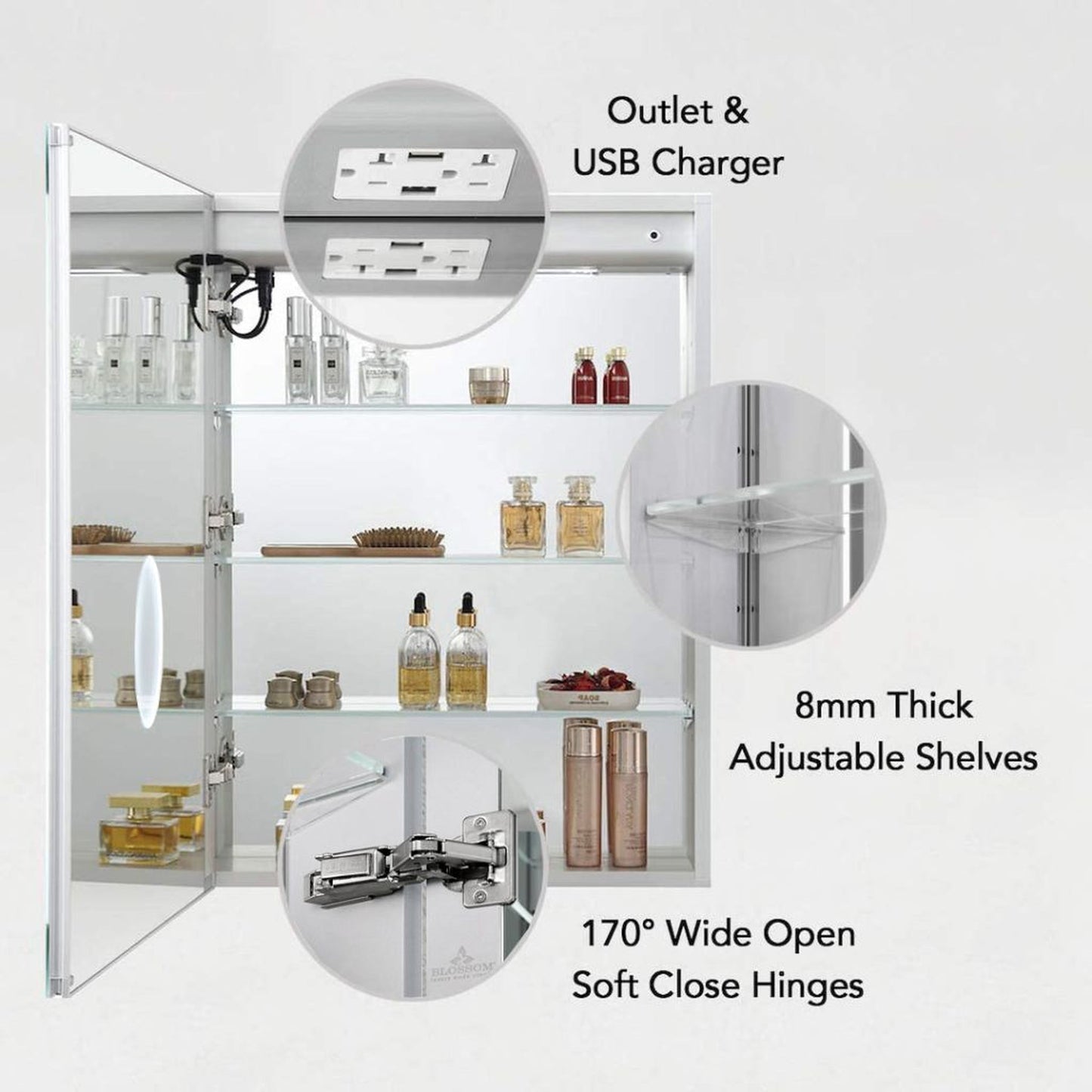Blossom Asta 24" Recessed or Surface Mount Left and Right-Hinged Door LED Mirror Medicine Cabinet Set Of 2 With Adjustable Glass Shelves, Built-In Defogger, Dimmer, Digital Clock, Temp Display, USB & Electrical Outlet