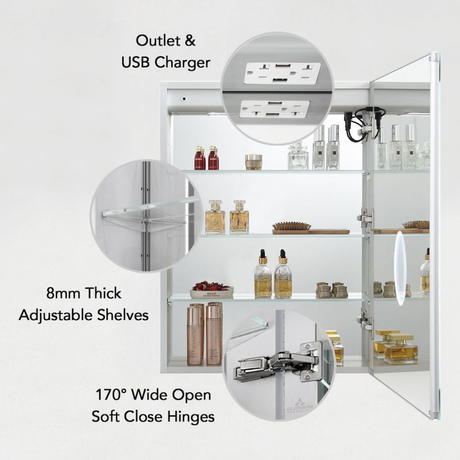 Blossom Asta 24" Recessed or Surface Mount Left and Right-Hinged Door LED Mirror Medicine Cabinet Set Of 2 With Adjustable Glass Shelves, Built-In Defogger, Dimmer, Digital Clock, Temp Display, USB & Electrical Outlet