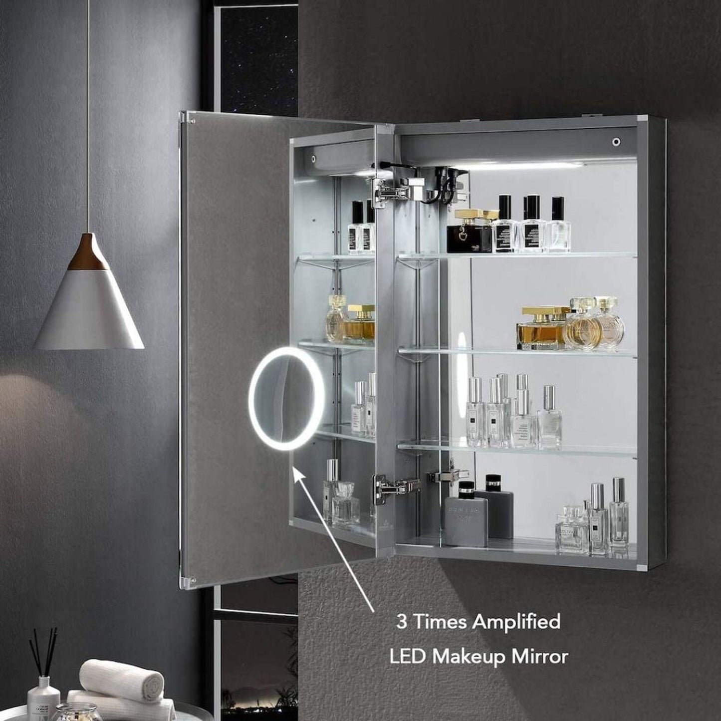 Blossom Asta 24" Recessed or Surface Mount Left and Right-Hinged Door LED Mirror Medicine Cabinet Set Of 2 With Adjustable Glass Shelves, Built-In Defogger, Dimmer, Digital Clock, Temp Display, USB & Electrical Outlet