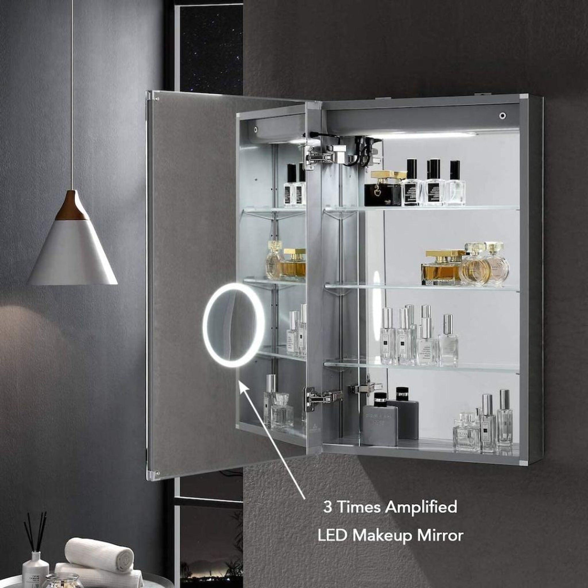 Blossom Asta 24" Recessed or Surface Mount Left and Right-Hinged Door LED Mirror Medicine Cabinet Set Of 2 With Adjustable Glass Shelves, Built-In Defogger, Dimmer, Digital Clock, Temp Display, USB & Electrical Outlet