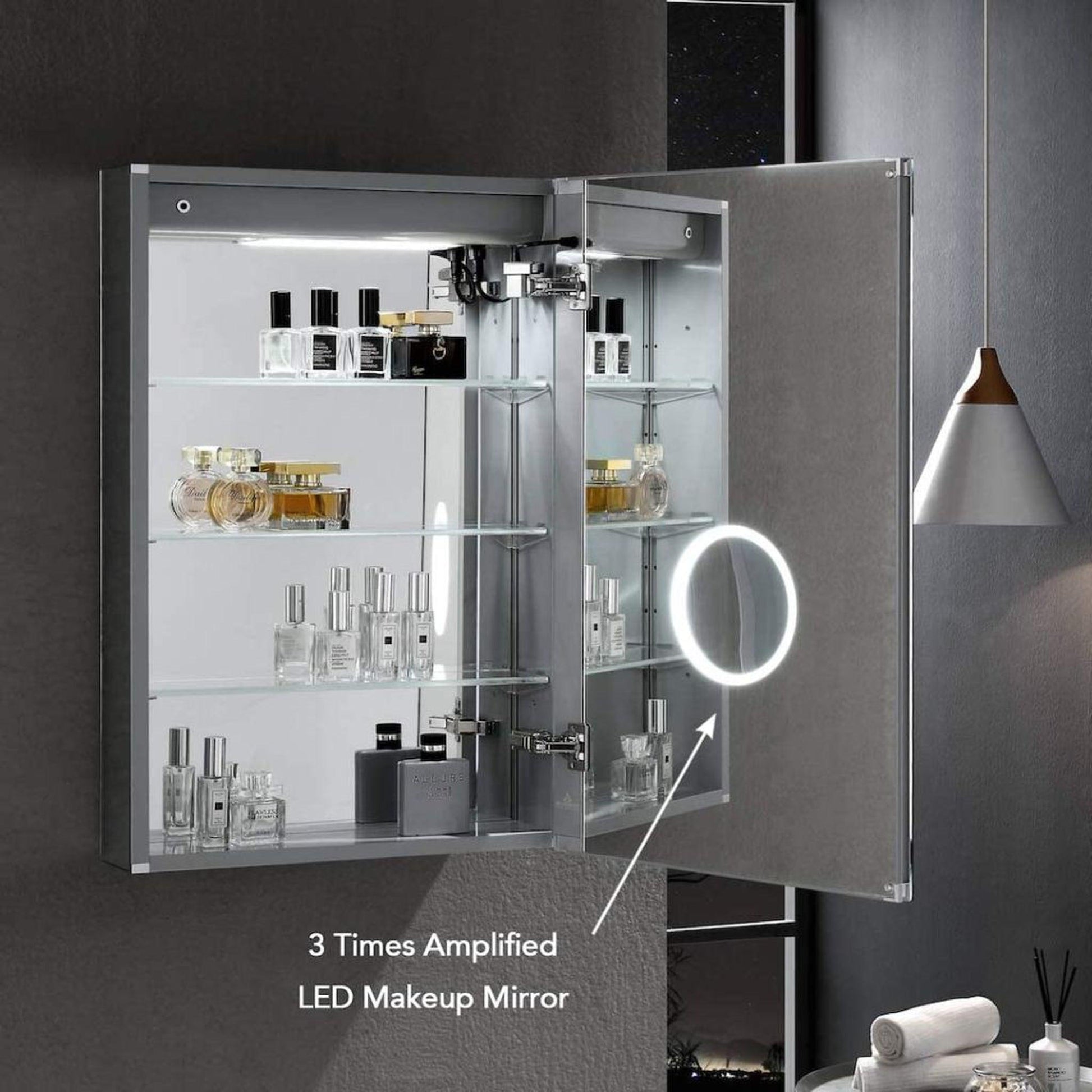 Blossom Asta 24" Recessed or Surface Mount Left and Right-Hinged Door LED Mirror Medicine Cabinet Set Of 2 With Adjustable Glass Shelves, Built-In Defogger, Dimmer, Digital Clock, Temp Display, USB & Electrical Outlet