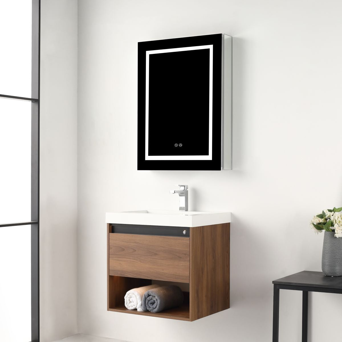 Blossom Bergen 24" Brown Walnut Vanity With Dual LED Lights and Open Shelf