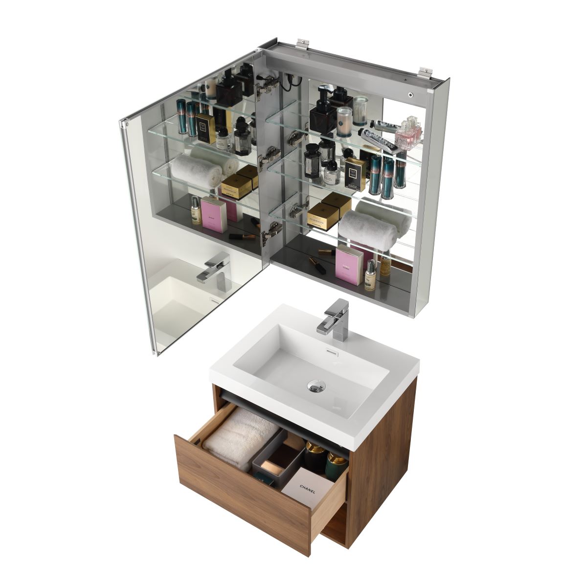 Blossom Bergen 24" Brown Walnut Vanity With Dual LED Lights and Open Shelf