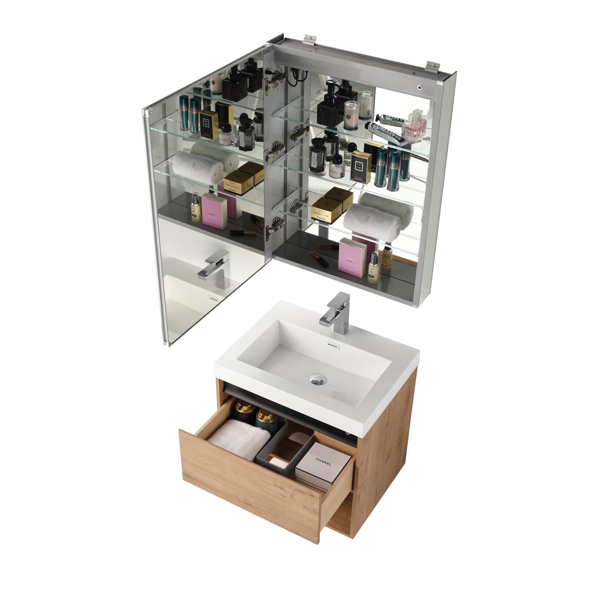 Blossom Bergen 24" Classic Oak Vanity With Dual LED Lights and Open Shelf