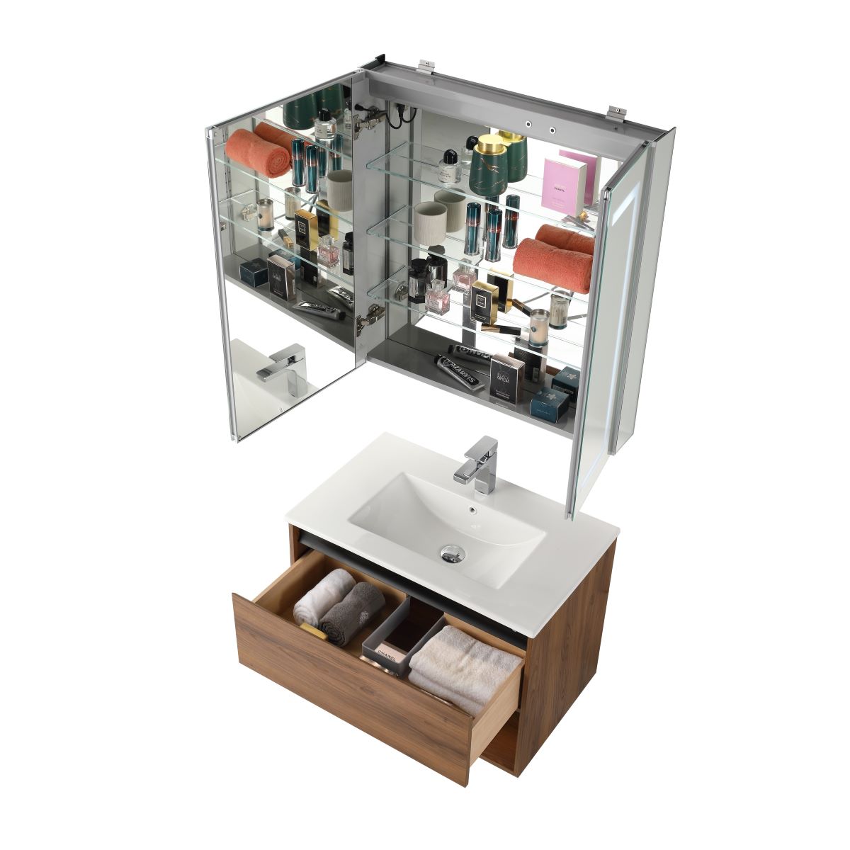 Blossom Bergen 30" Brown Walnut Vanity With Dual LED Lights and Open Shelf