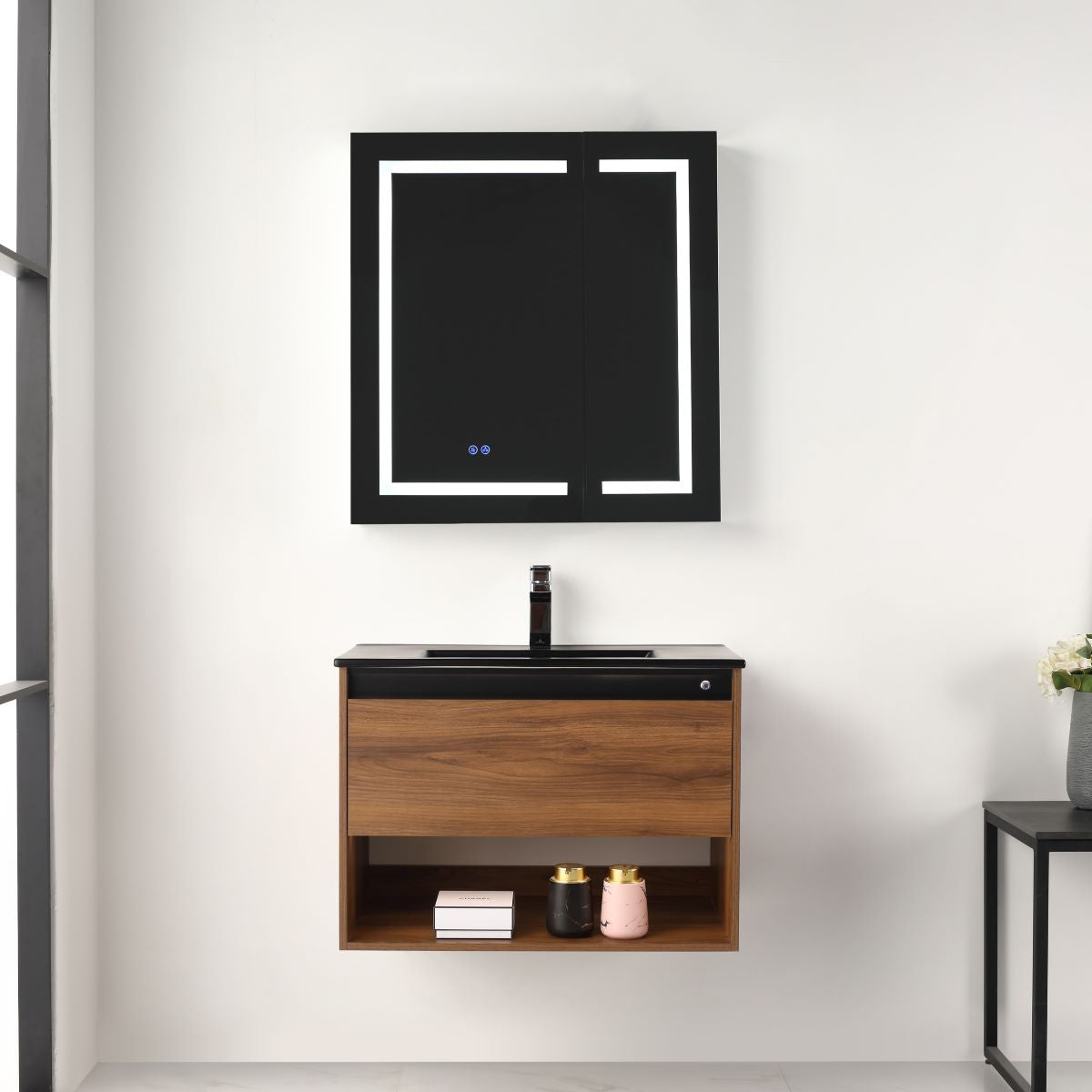 Blossom Bergen 30" Brown Walnut Vanity With Dual LED Lights and Open Shelf