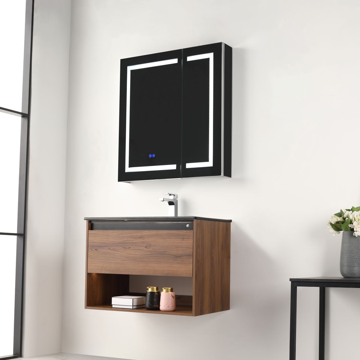 Blossom Bergen 30" Brown Walnut Vanity With Dual LED Lights and Open Shelf