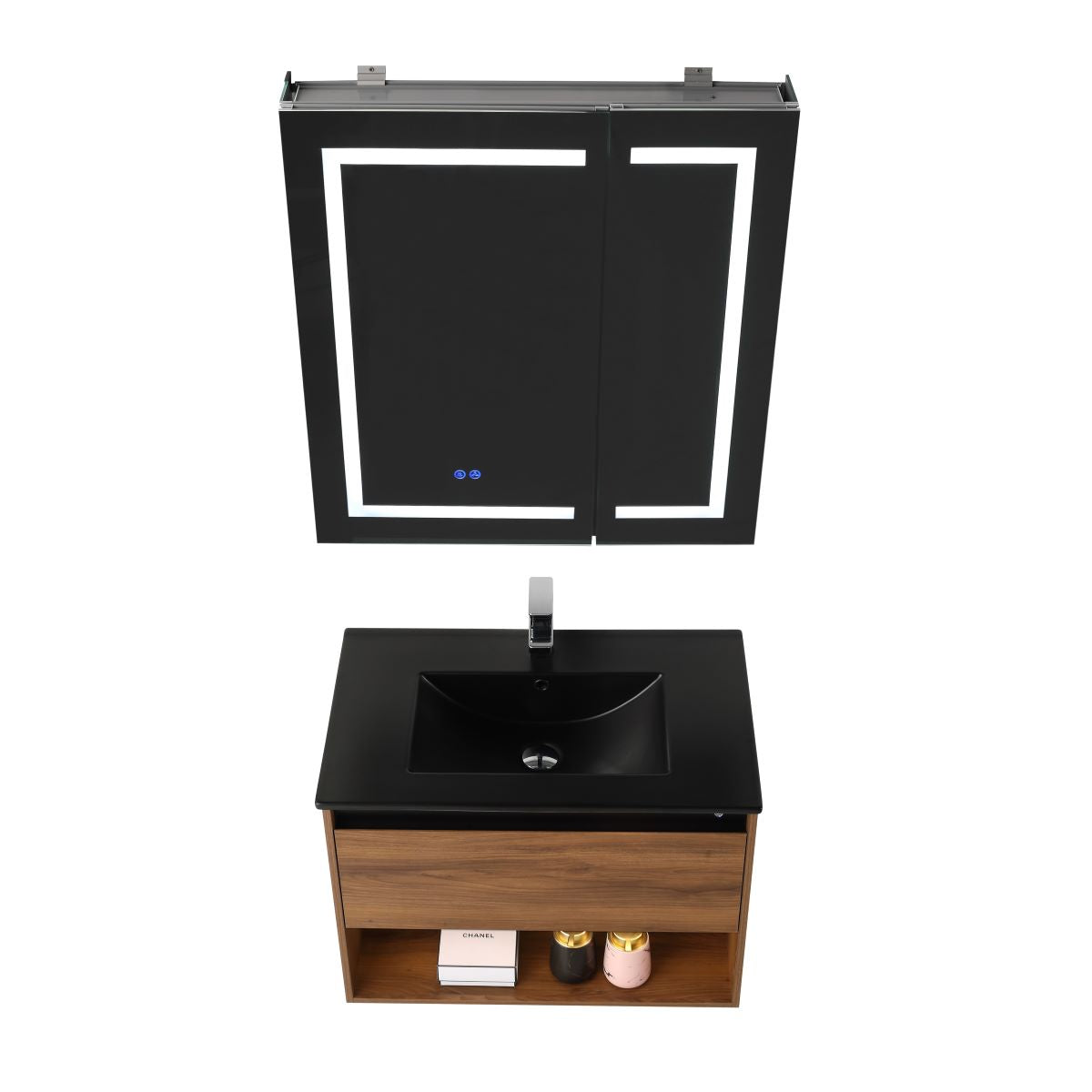 Blossom Bergen 30" Brown Walnut Vanity With Dual LED Lights and Open Shelf
