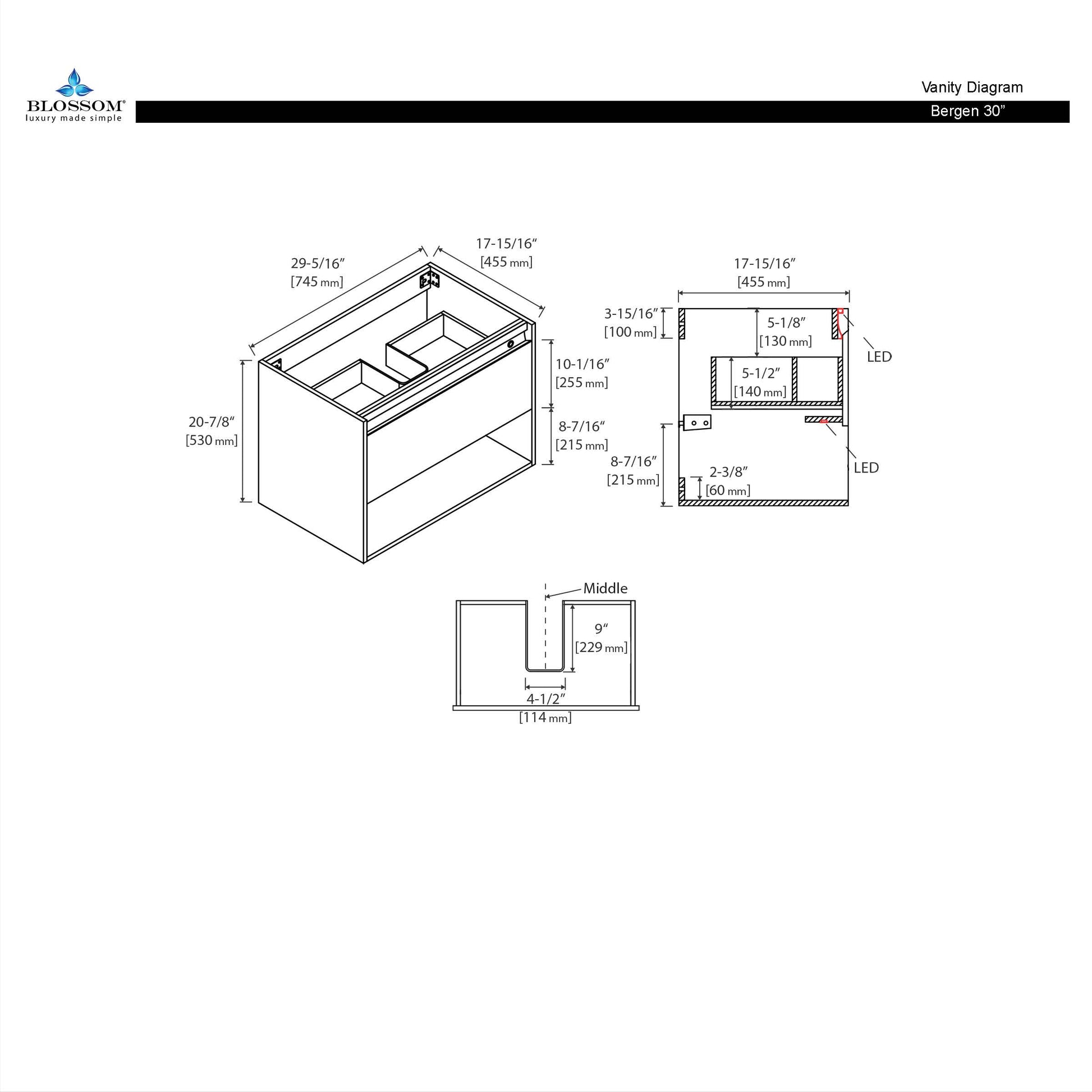 Blossom Bergen 30" Brown Walnut Vanity With Dual LED Lights and Open Shelf