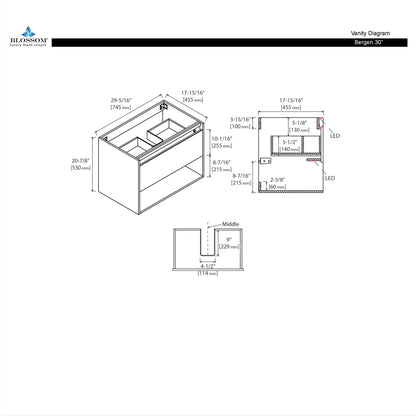 Blossom Bergen 30" Brown Walnut Vanity With Dual LED Lights and Open Shelf