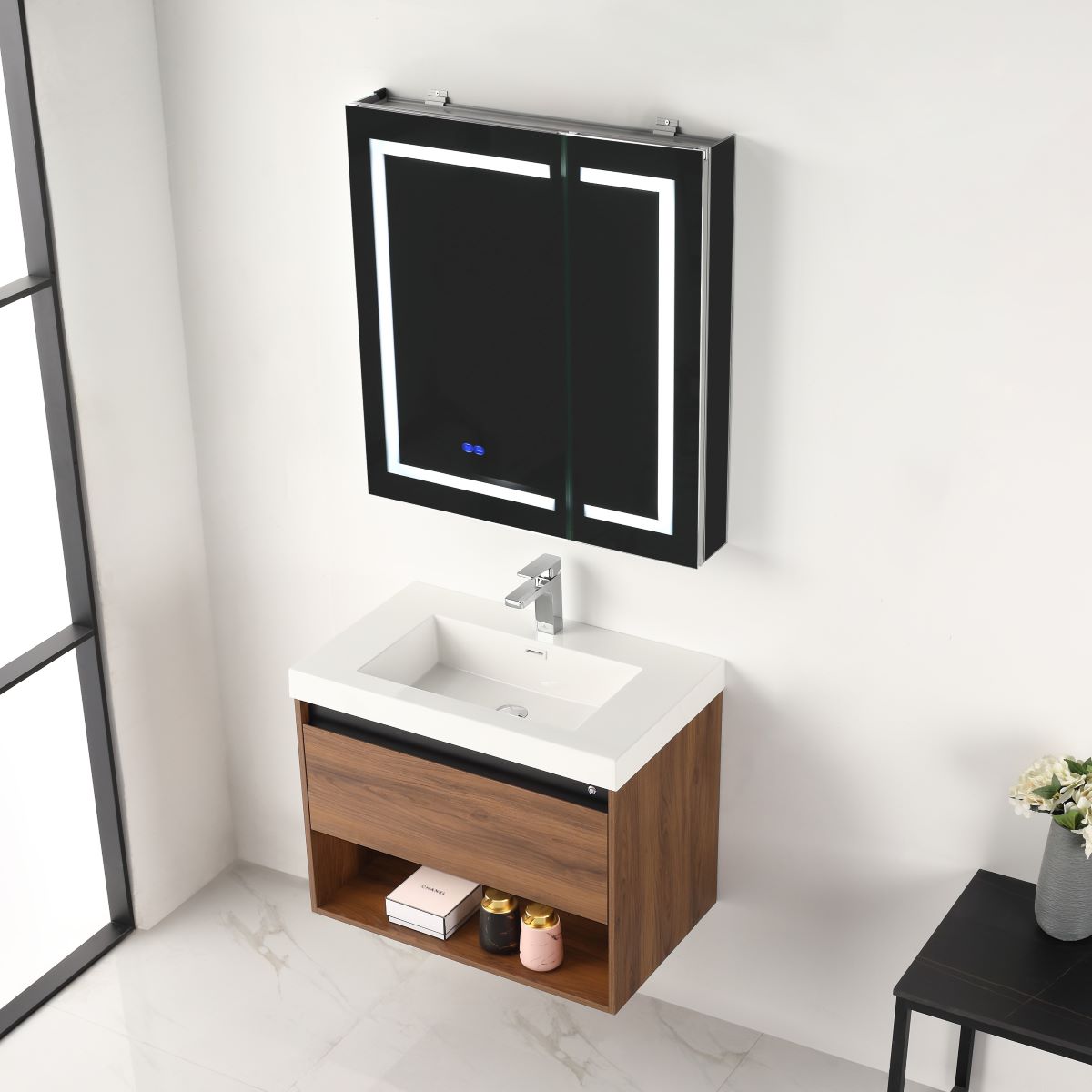 Blossom Bergen 30" Brown Walnut Vanity With Dual LED Lights and Open Shelf