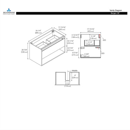 Blossom Bergen 36" Brown Walnut Vanity With Dual LED Lights and Open Shelf