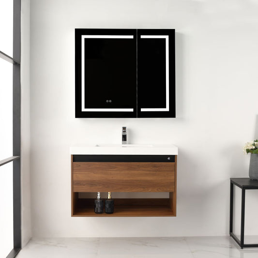 Blossom Bergen 36" Brown Walnut Vanity With Dual LED Lights and Open Shelf