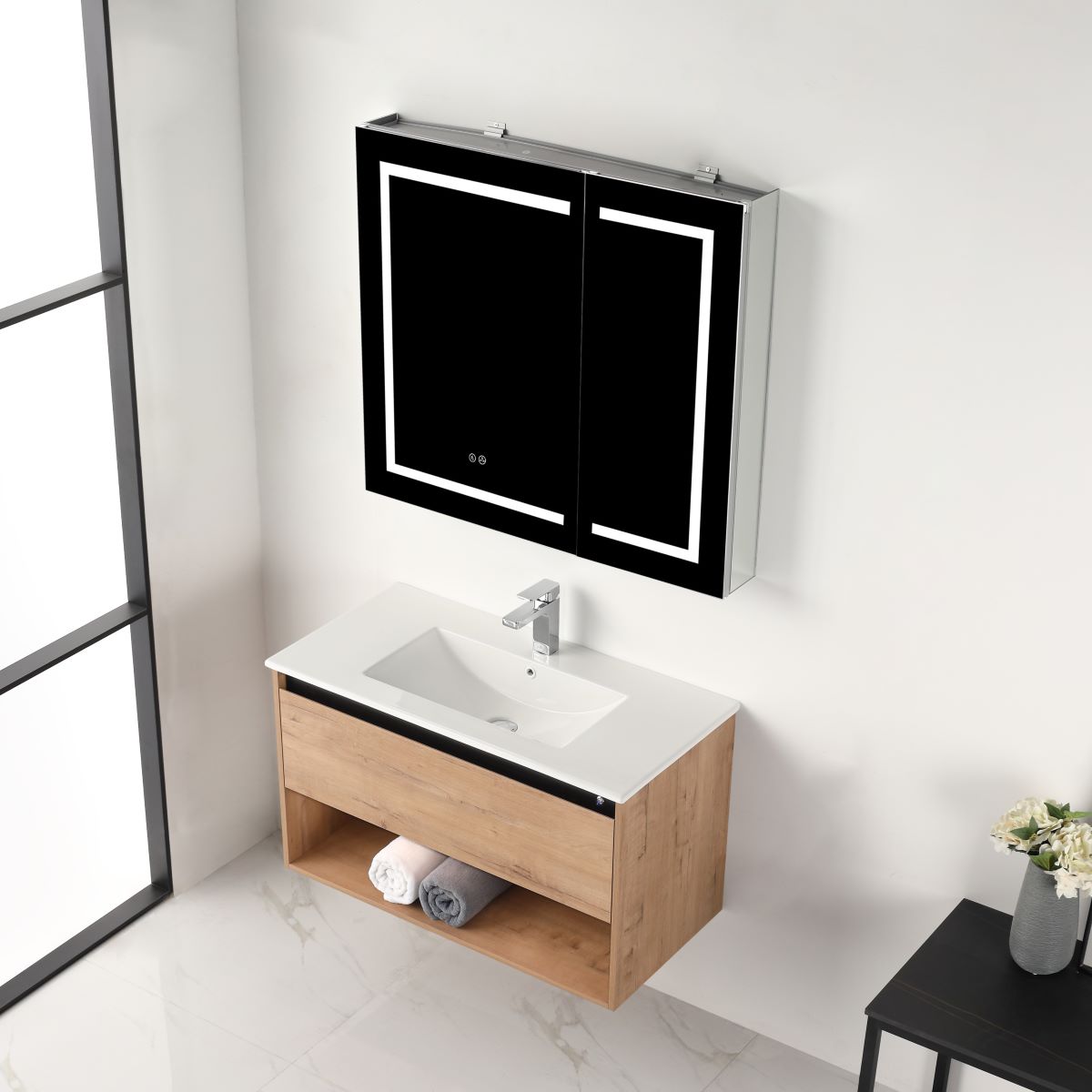 Blossom Bergen 36" Classic Oak Vanity With Dual LED Lights and Open Shelf