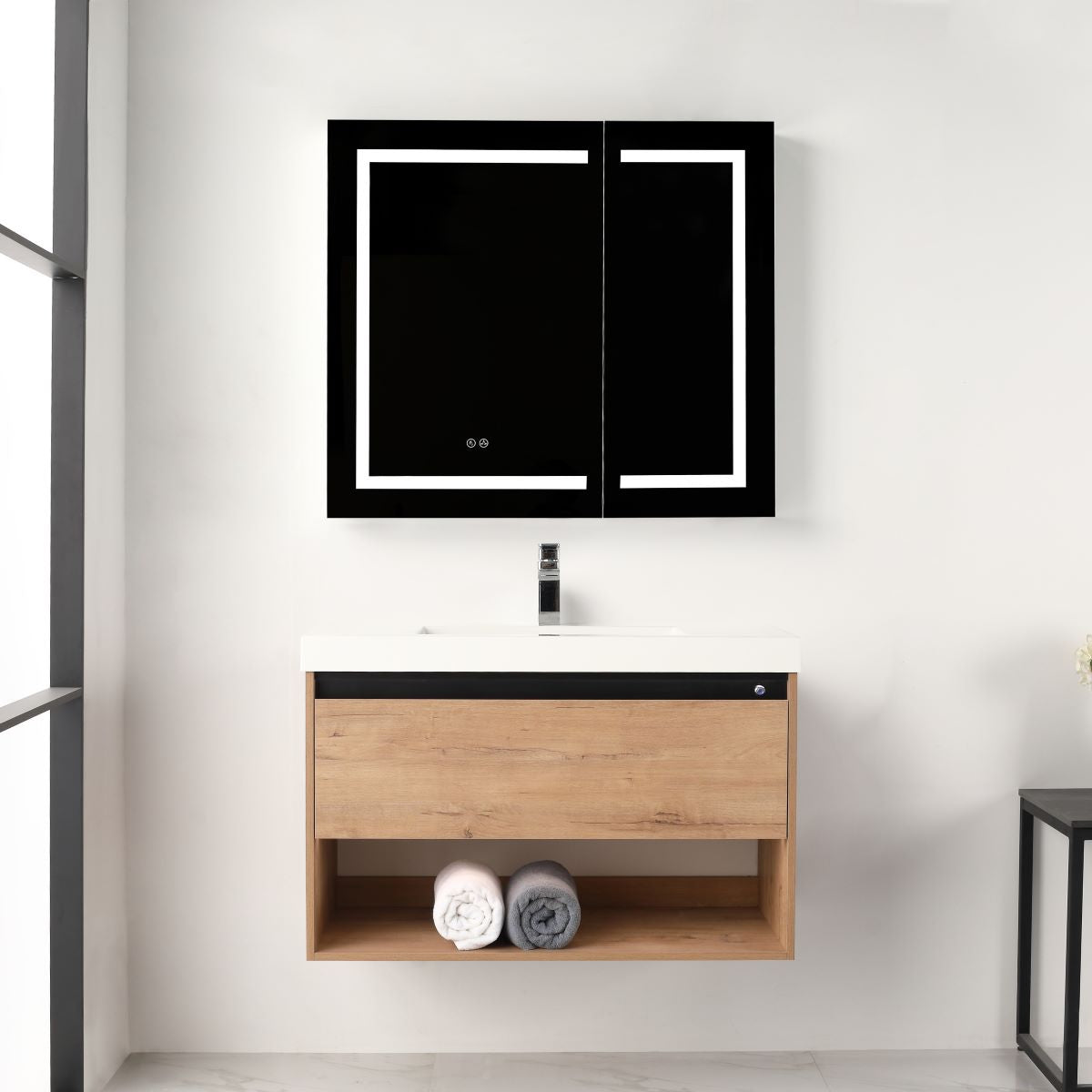 Blossom Bergen 36" Classic Oak Vanity With Dual LED Lights and Open Shelf