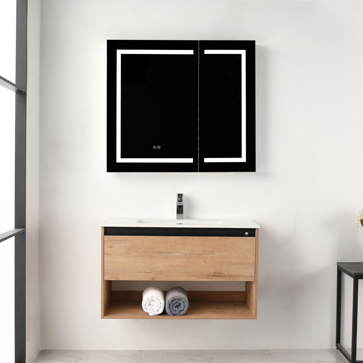 Blossom Bergen 36" Classic Oak Vanity With Dual LED Lights and Open Shelf