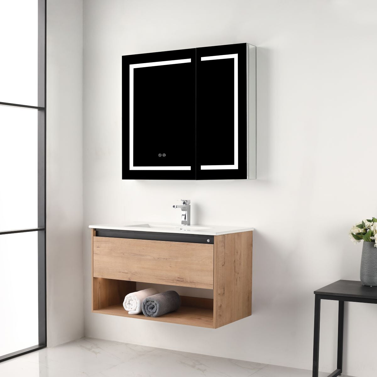 Blossom Bergen 36" Classic Oak Vanity With Dual LED Lights and Open Shelf