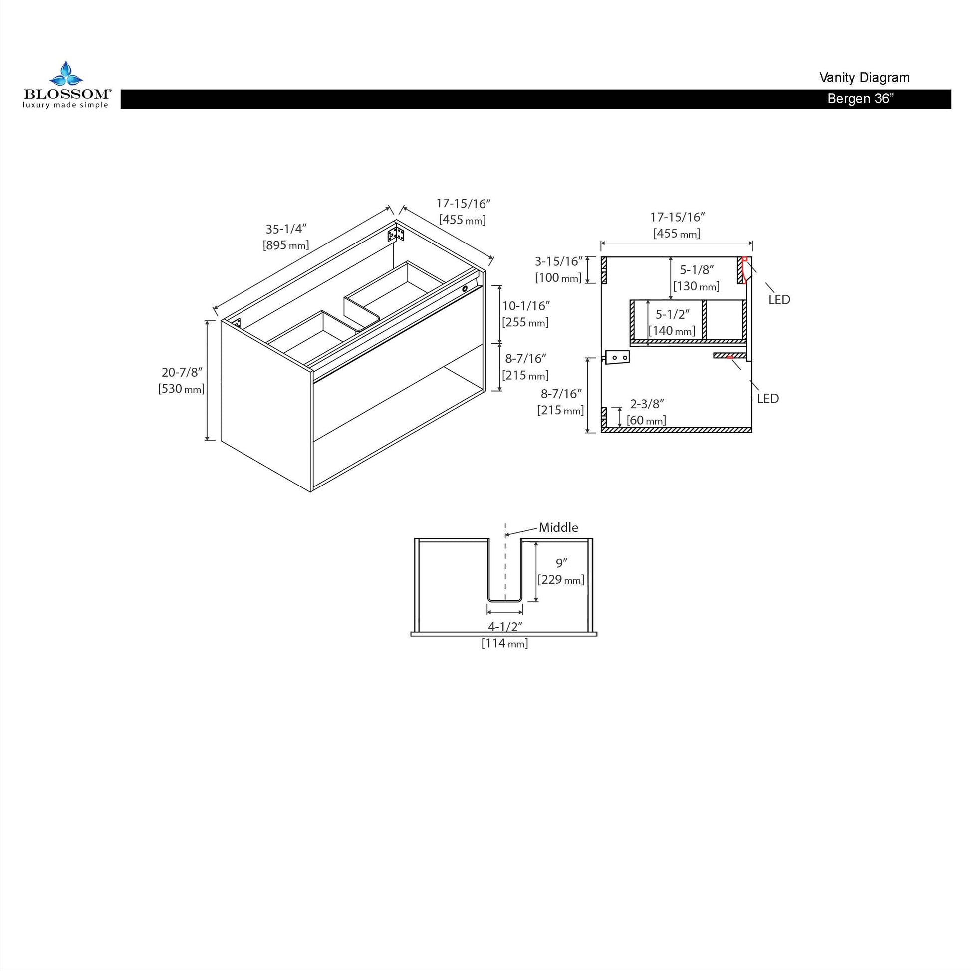 Blossom Bergen 36" Classic Oak Vanity With Dual LED Lights and Open Shelf