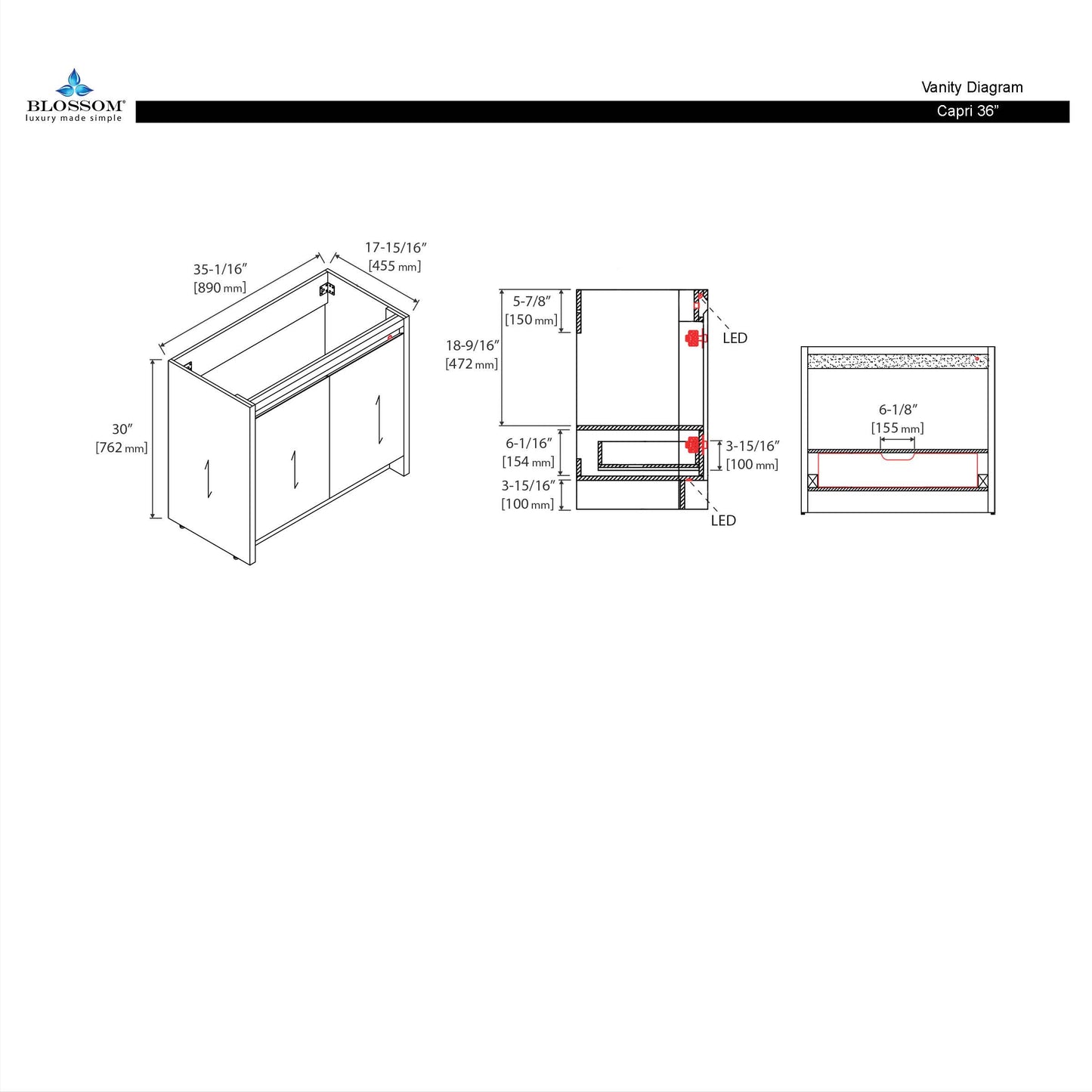 Blossom Capri 36" Classic Oak Vanity With Dual LED Lights
