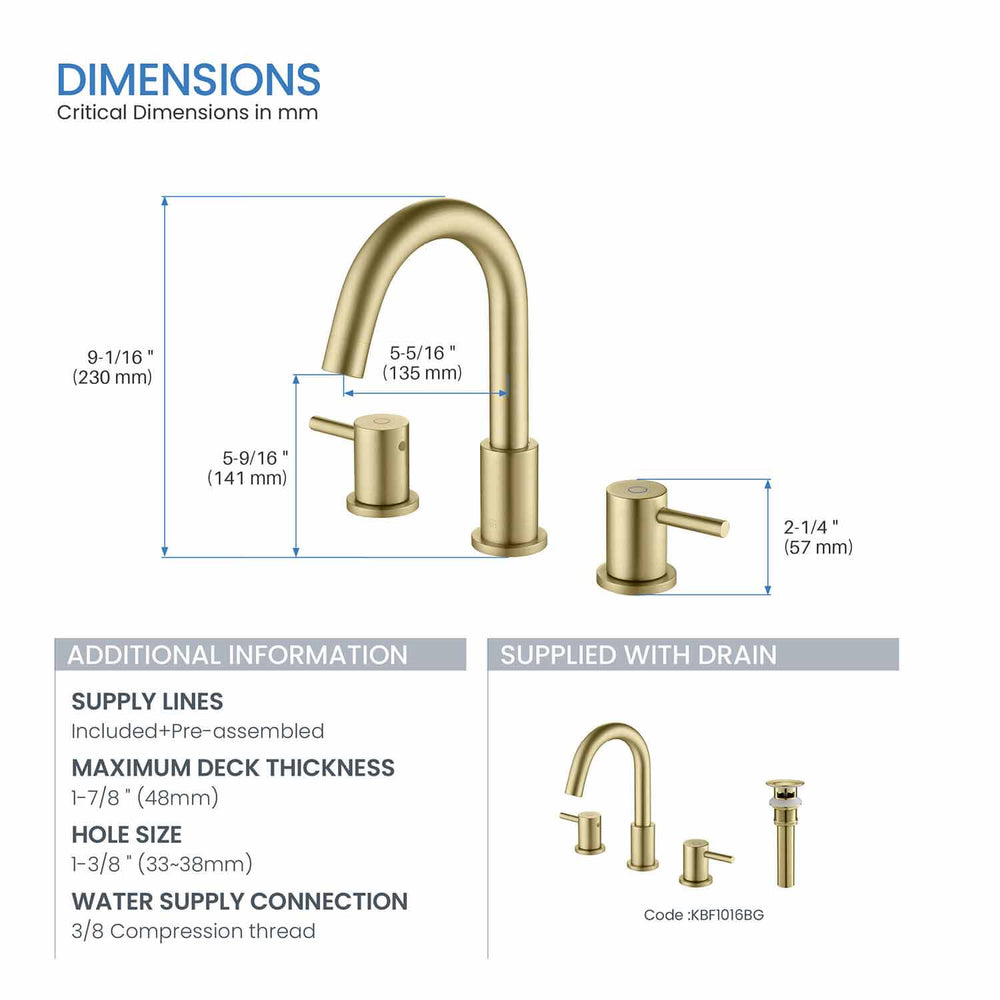 Blossom KBF1016 10" x 15" Brush Gold Two Handle Design Wide Spread Bathroom Sink Faucet
