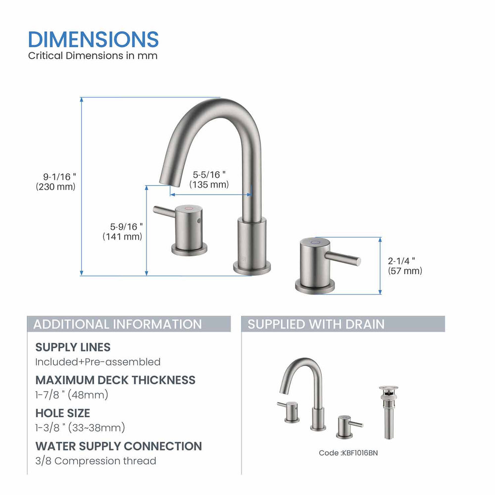 Blossom KBF1016 10" x 15" Brush Nickel Two Handle Design Wide Spread Bathroom Sink Faucet