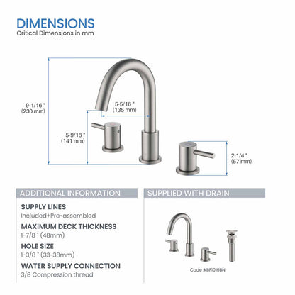 Blossom KBF1016 10" x 15" Brush Nickel Two Handle Design Wide Spread Bathroom Sink Faucet