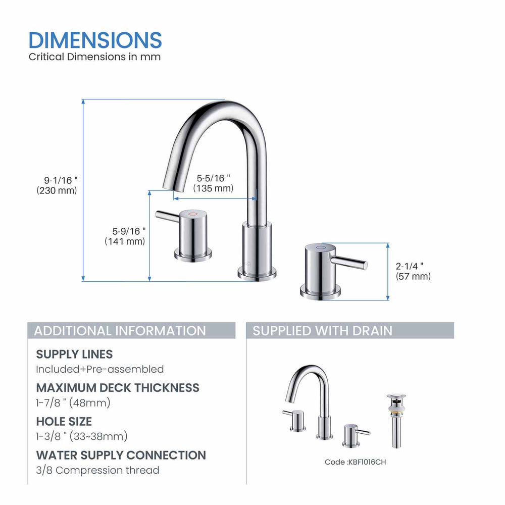 Blossom KBF1016 10" x 15" Chrome Two Handle Design Wide Spread Bathroom Sink Faucet