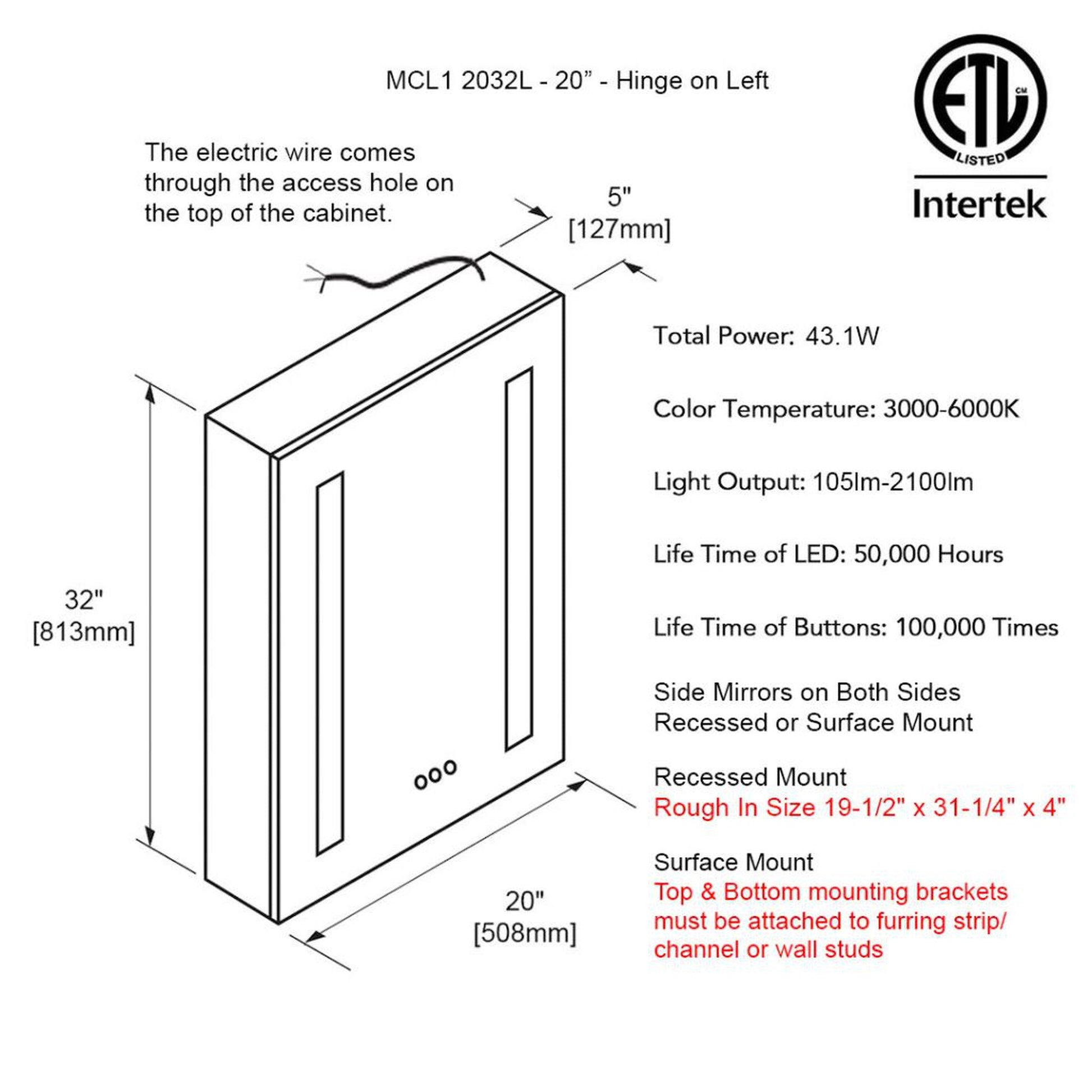 Blossom Pillar 20" Recessed Or Surface Mount Left And Right-Hinged Door Led Mirror Medicine Cabinet Set Of 2 With 3 Adjustable Glass Shelves, Built-In Defogger, Dimmer, USB & Electrical Outlet