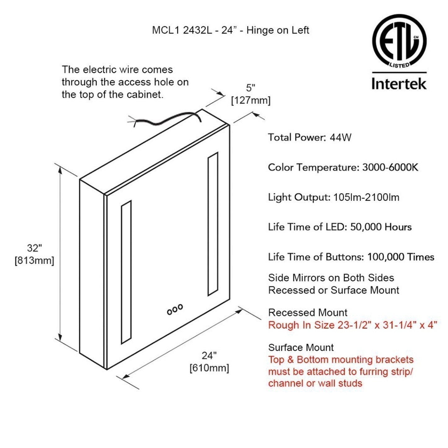 Blossom Pillar 24" Recessed or Surface Mount Left and Right-Hinged Door LED Mirror Medicine Cabinet Set Of 2 With Adjustable Glass Shelves, Built-In Defogger, Dimmer, USB & Electrical Outlet