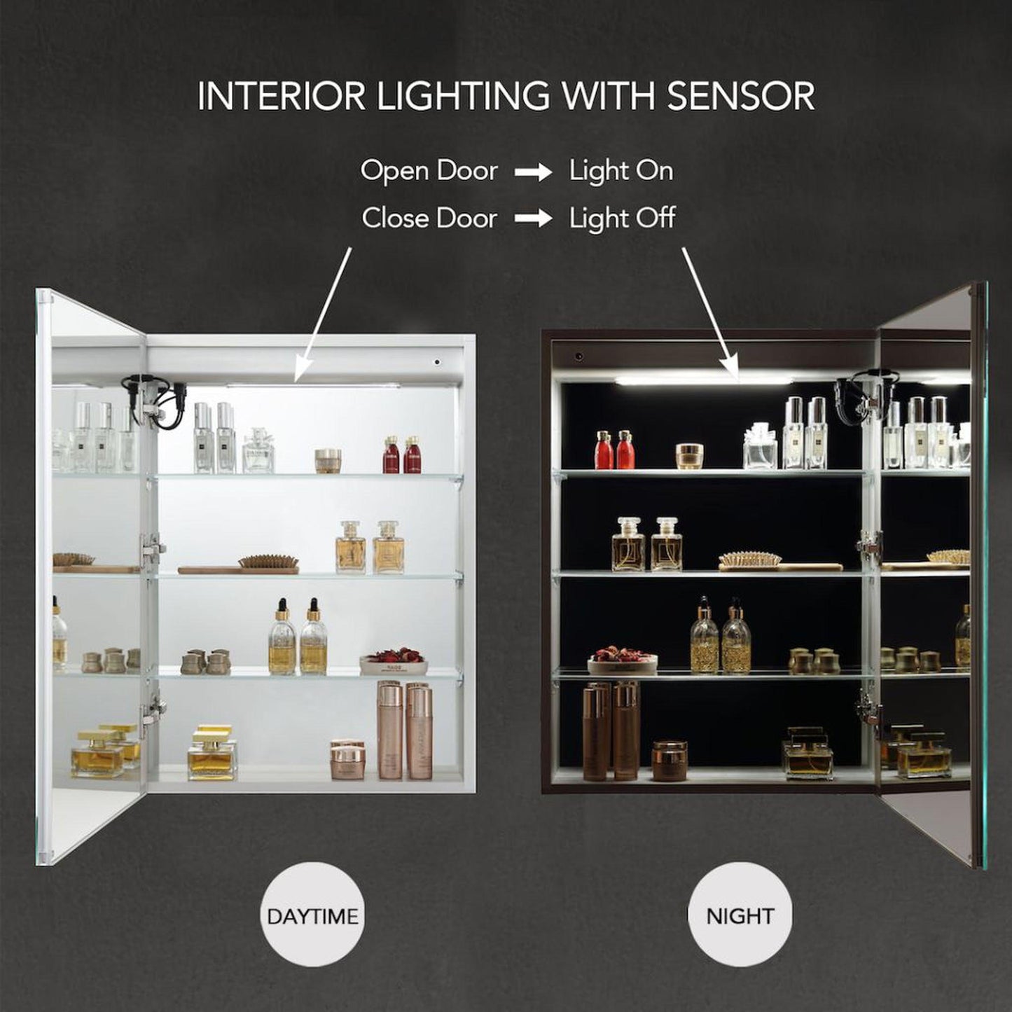 Blossom Pillar 24" Recessed or Surface Mount Left and Right-Hinged Door LED Mirror Medicine Cabinet Set Of 2 With Adjustable Glass Shelves, Built-In Defogger, Dimmer, USB & Electrical Outlet