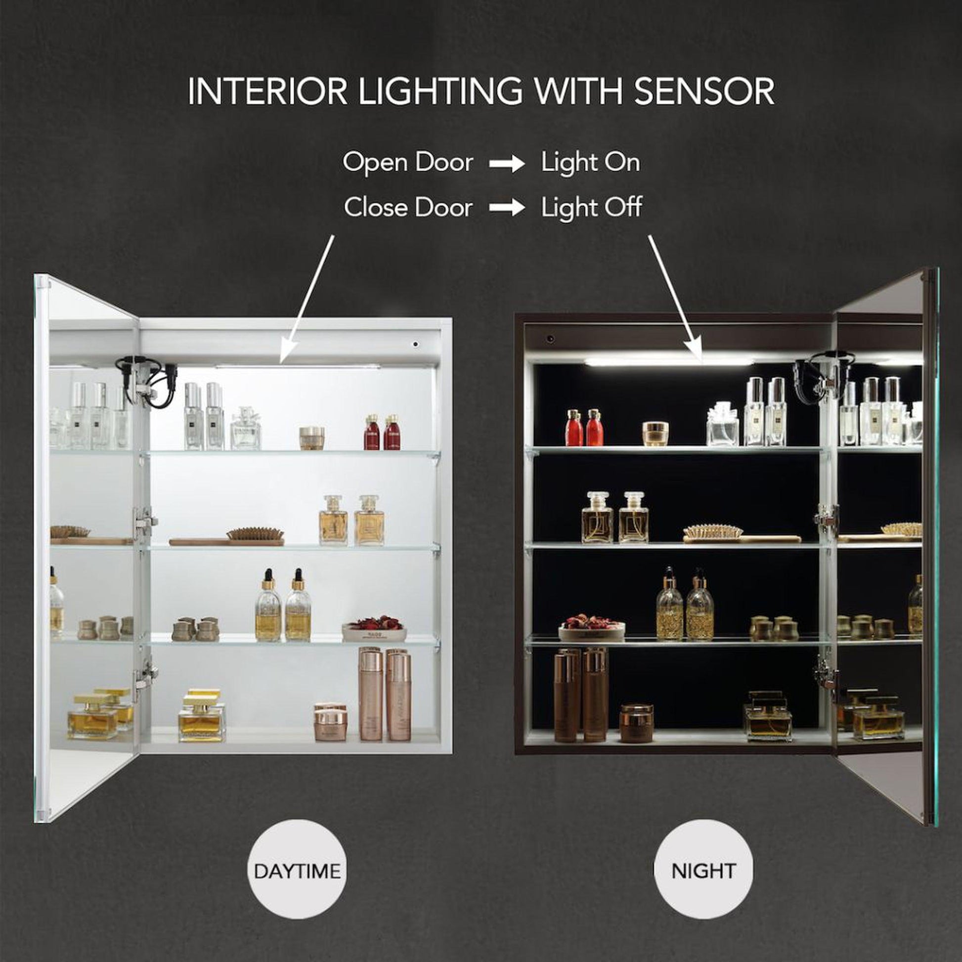 Blossom Pillar 24" Recessed or Surface Mount Left and Right-Hinged Door LED Mirror Medicine Cabinet Set Of 2 With Adjustable Glass Shelves, Built-In Defogger, Dimmer, USB & Electrical Outlet