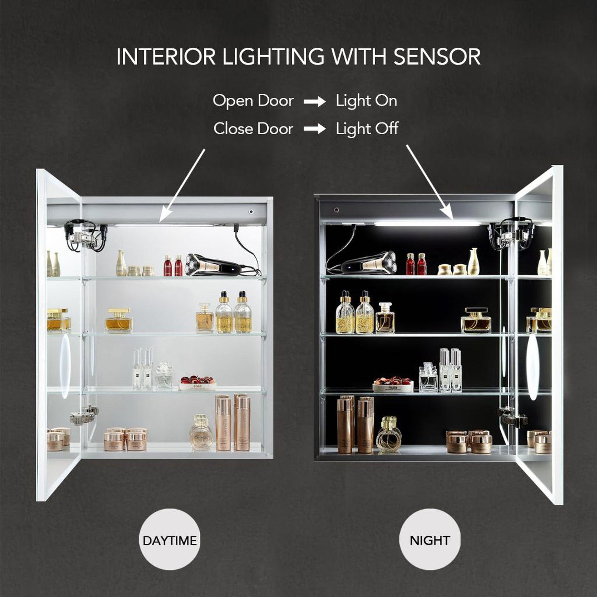 Blossom Sirius 24" Recessed or Surface Mount Left and Right-Hinged Door LED Mirror Medicine Cabinet Set Of 2 With Adjustable Glass Shelves, Built-In Defogger, Dimmer, Digital Clock, Temp Display, USB & Electrical Outlet