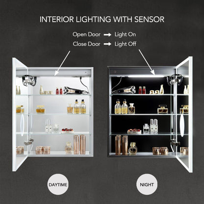 Blossom Sirius 24" Recessed or Surface Mount Left and Right-Hinged Door LED Mirror Medicine Cabinet Set Of 2 With Adjustable Glass Shelves, Built-In Defogger, Dimmer, Digital Clock, Temp Display, USB & Electrical Outlet
