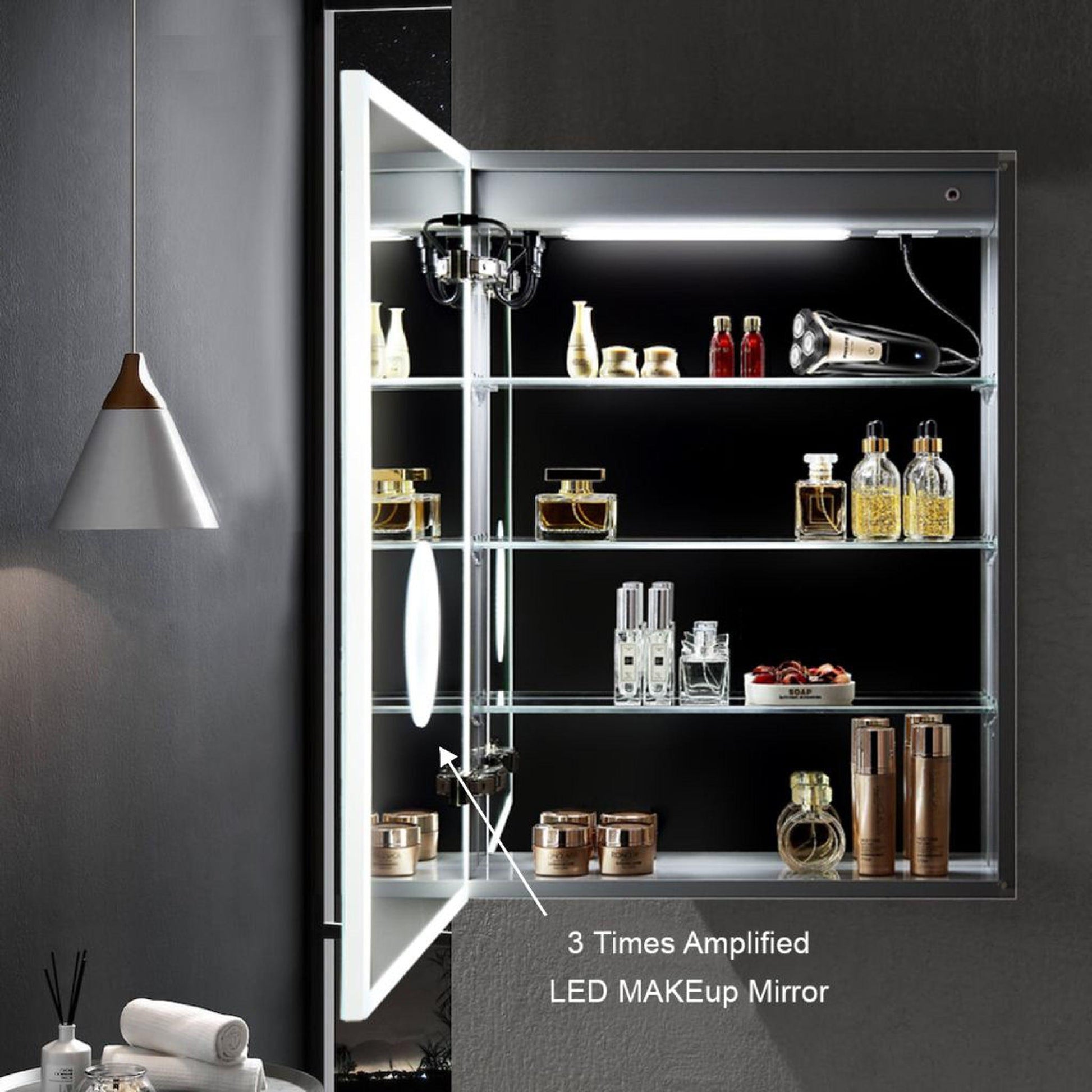 Blossom Sirius 24" Recessed or Surface Mount Left and Right-Hinged Door LED Mirror Medicine Cabinet Set Of 2 With Adjustable Glass Shelves, Built-In Defogger, Dimmer, Digital Clock, Temp Display, USB & Electrical Outlet
